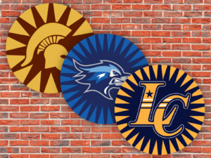 3 cheer wheels on a brick background